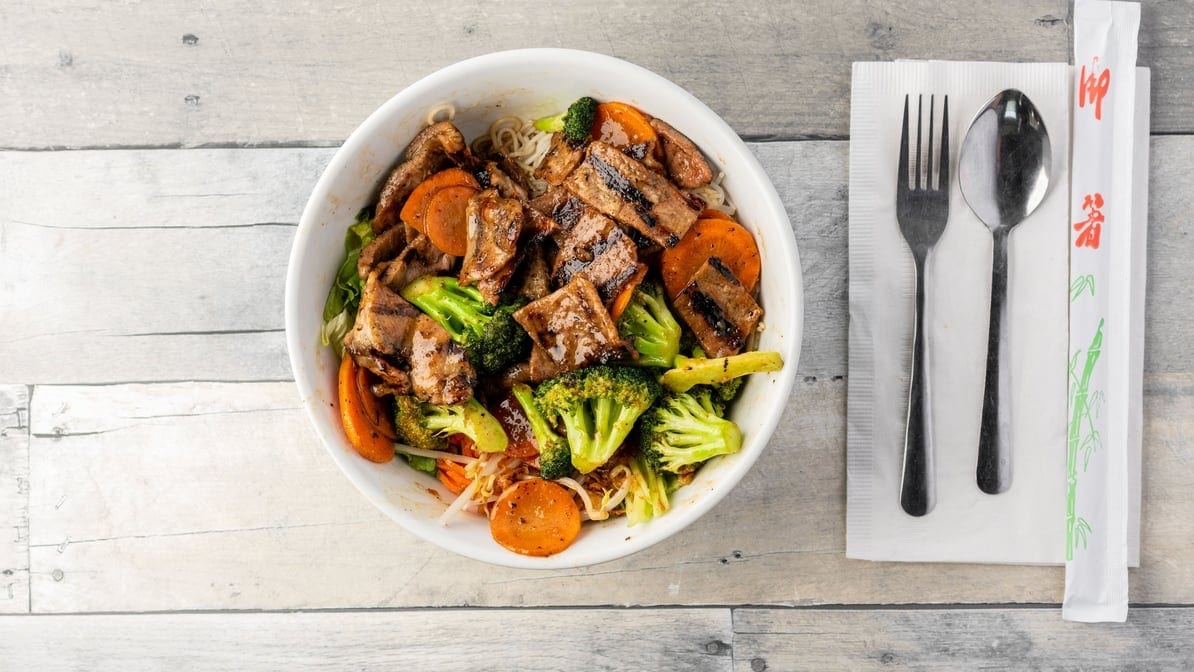 B9. Pork Stir Fry Noodle Bowl.